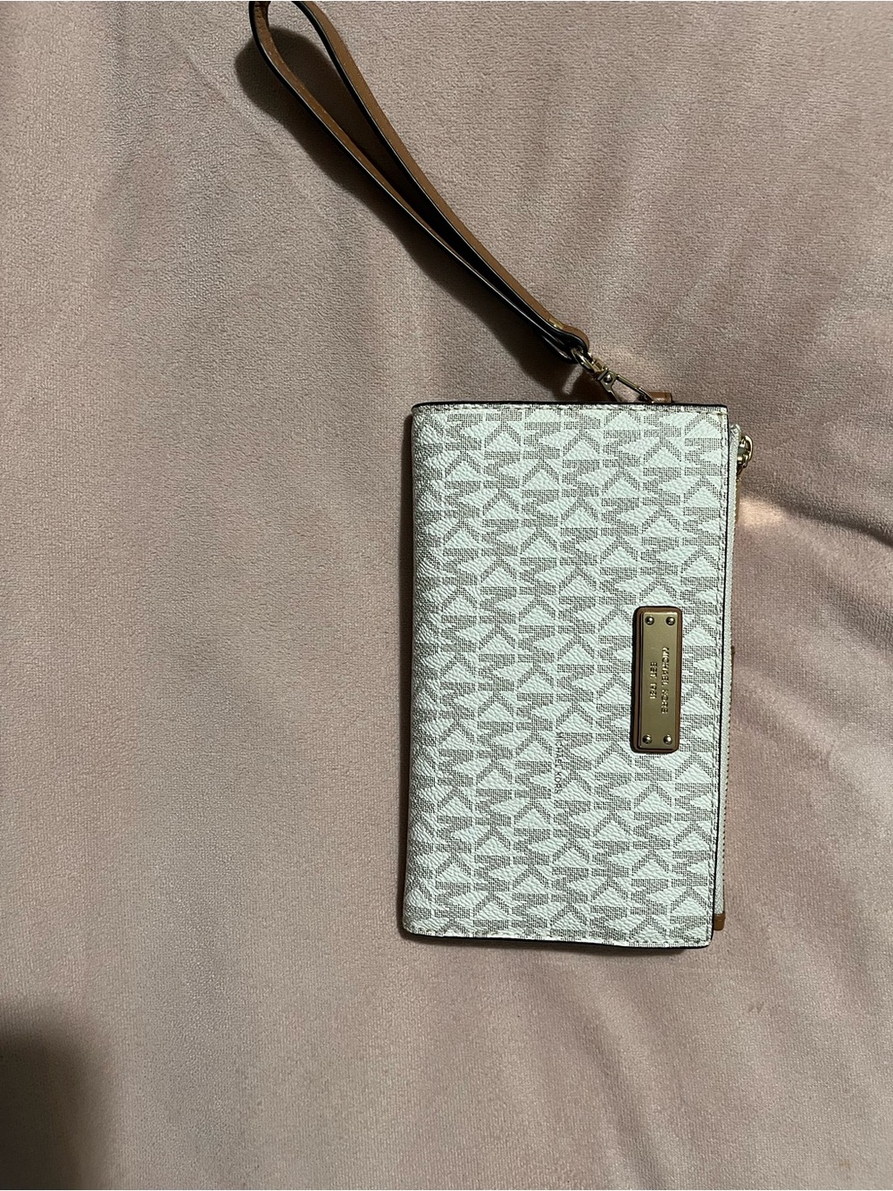 Michael Kors Cream and Taupe Logo Wristlet with Gold Plate